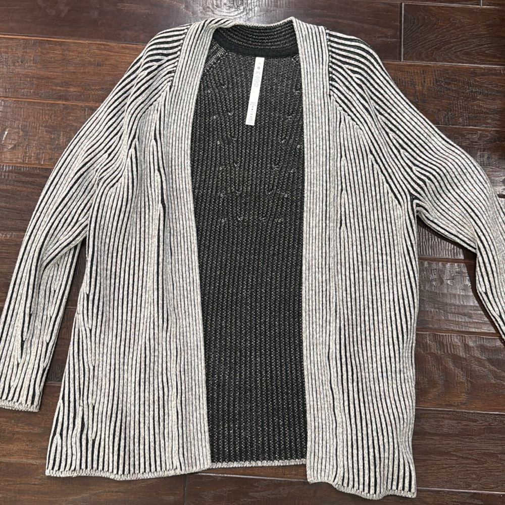 lululemon athletica Black and Cream Striped Open Cardigan